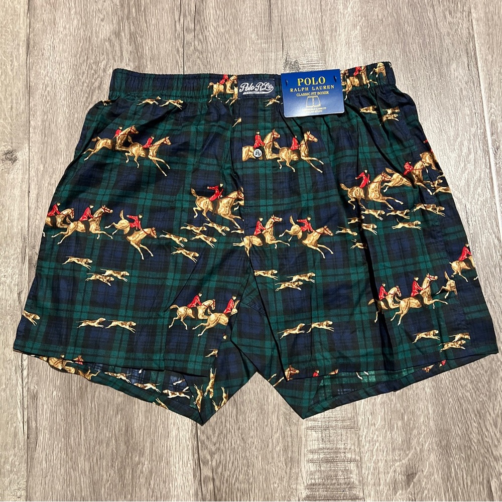 Polo Ralph Lauren Mens Pony Logo Classic Fit Woven Plaid Boxer Shorts Blue L NEW
